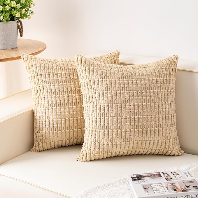 Pack of 2 Corduroy Decorative Throw Pillow Covers 26x26 InchSoft Striped Pillow Covers Modern Farmhouse Home Decor for Sofa Living Room Couch Bed（Beige）