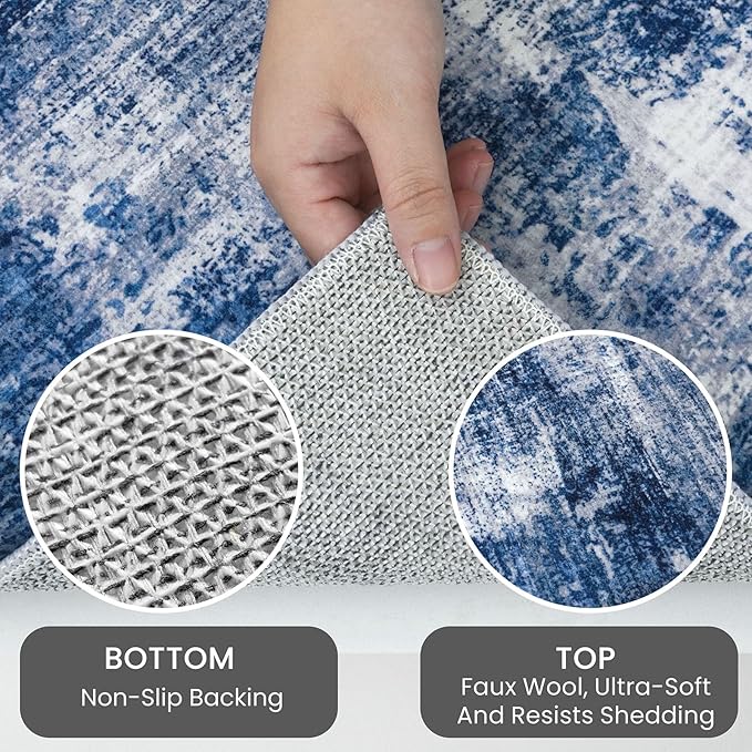 IOHOUZE Abstract Area Rug 4x6 Ft Washable Rugs for Entryway Indoor, Non Slip Small Living Room Rugs Printed Faux Wool Throw Rug, Floor Carpet for Kitchen Nursery Playroom, Navy/Grey