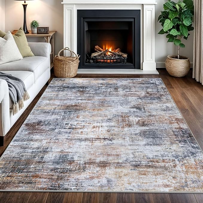 IOHOUZE Abstract Area Rugs 5x7 Ft Washable Rugs for Living Room, Non Slip Dining Room Rug, Printed Faux Wool Rugs for Bedroom, Floor Carpet for Office Nursery Playroom, Orange Grey