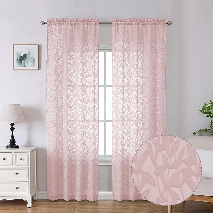 Lecloud Leia Blush Pink Sheer Curtains 90 Inches Long 2 Panels Set, Breathable Jacquard Leaves Textured Voile Semi Sheer Curtains, Farmhouse Drapes Window Treatments with Dual Rod Pocket, 38 W x 90 L