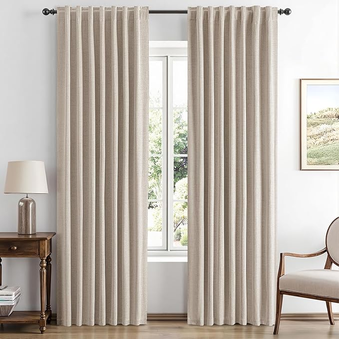 MIULEE 100% Blackout Linen Curtains for Bedroom, Taupe Solid Luxury Decor Thermal Insulation Room Darkening Drapes for Living Room Nursery Back Tab Rod Pocket 42 x 90 Inches, 2 Panels