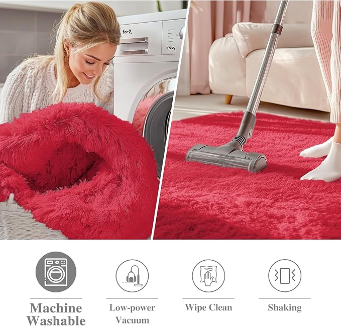 OLANLY Red Round Rugs for Bedroom - Machine Washable, 5 ft Circle Area Rugs for Living Room, Soft and Fluffy Shaggy Carpet for Teen Girls and Boys, Nursery Rooms, Dorms, Home Decor Aesthetic