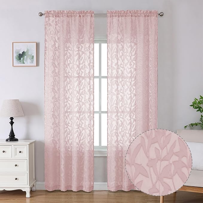 Lecloud Leia 2 Panels Blush Pink Sheer Curtains 96 Inch Length 2 Panels, Balance Light & Privacy Clip Textured Leaf Voile Bedroom Curtain with Dual Rod Pockets, Living Room Window Drapes, 38W x 96L