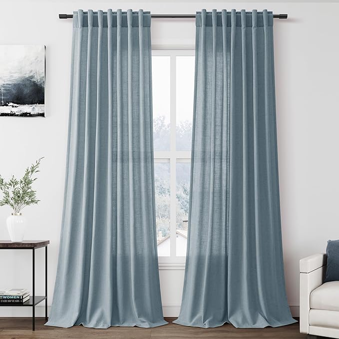 Nanspring Light Blue Linen Curtains 108 Inches Long for Living Room Bedroom 2 Panels Set Extra Long Back Tab Curtain Light Filtering Sheer Drapes Floor to Ceiling Curtain for Large Windows 52x108.
