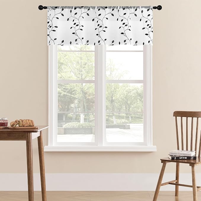 MRTREES Sheer Curtain Valance 2 Panels, Rod Pocket Voile Leaves Embroidered Christmas Valance for Windows, Small Sheer Kitchen Curtain Valance for Kitchen/Basement/Bathroom(54"x16", Black Leaves)