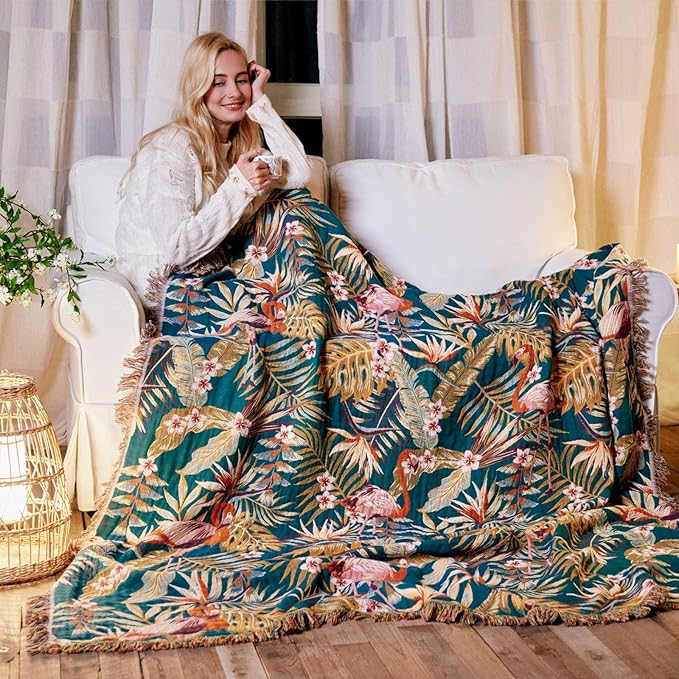 MSGKV Boho Throw Blanket for Bed 60"x80" 100% Cotton Jungle Animal Couch Blanket Spring Breathable Lightweight Twin Size Blankets for Sofa Home Decor Muslin All Seasons