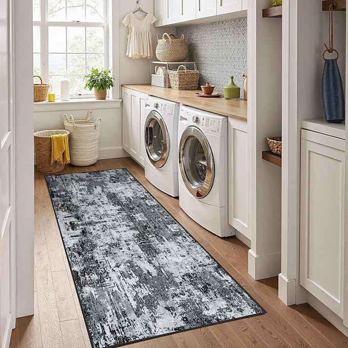 Washable Area Rugs 2'x6' Non-Slip Modern Abstract Soft for Living Room Entryway Bedroom Nursery, Print Pattern, Black Navy Blue Gray