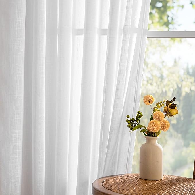 MYSKY HOME White Curtains 24 Inch Long for Kitchen, Semi Sheer Light Filtering Window Panels Rod Pocket Valance Neutral Drapes for Small Window/Cafe/Bathroom Basement, Pure White 2 Panels, 34 in Wide