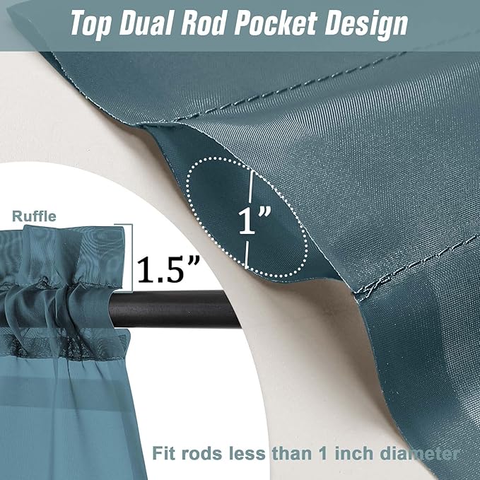 Dusty Blue Sheer Curtains for Window 72 inches Long 2 Panels Set, Soft Airy Modern Light Filtering Sheer Curtains for Living Room Bedroom, Dual Rod Pocket Solid Window Drapes, 2x42Wx72L inches