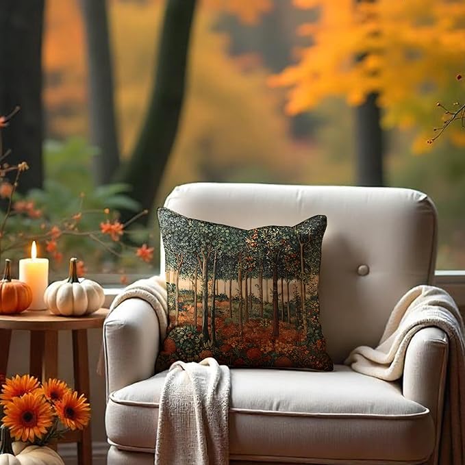 Rustic William Morris Inspired Autumn Forest Decor Throw Pillow Covers 18x18, Vintage Botanical Nature Decorative Throw Pillow Covers for Home Bedroom Living Room,Fall Home Room Decor