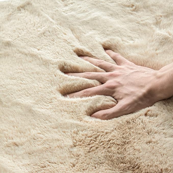 ORINOVA Round Rugs 8ft Shag Washable Fluffy Area Rugs for Bedroom Light Brown Beige Large Circle Faux Rabbit Shaggy Fur Rug for Living Room Nursery Rug