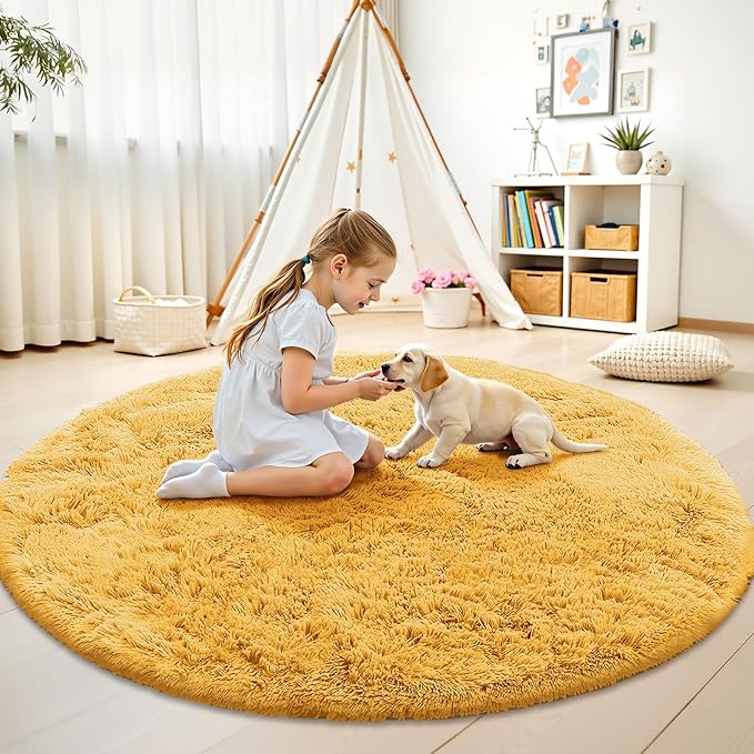OLANLY Mustard Yellow Round Rugs for Bedroom - Machine Washable, 7 ft Circle Area Rugs for Living Room, Soft and Fluffy Shaggy Carpet for Teen Girl and Boys, Nursery Rooms, Dorms, Home Decor Aesthetic