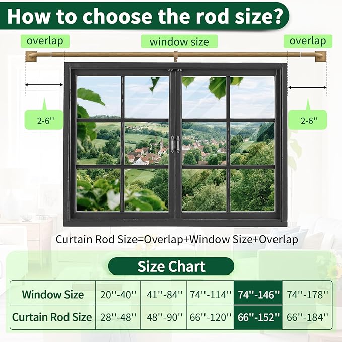 Boho Wood Grain Curtain Rods for Windows 66-152Inch(5.5-12.7ft) Heavy Duty Wrap Around Blackout Curtain Rods, Adjustable Room Darkening Drapery Rod for Bedroom, Living Room & Outdoor, Stainless Steel