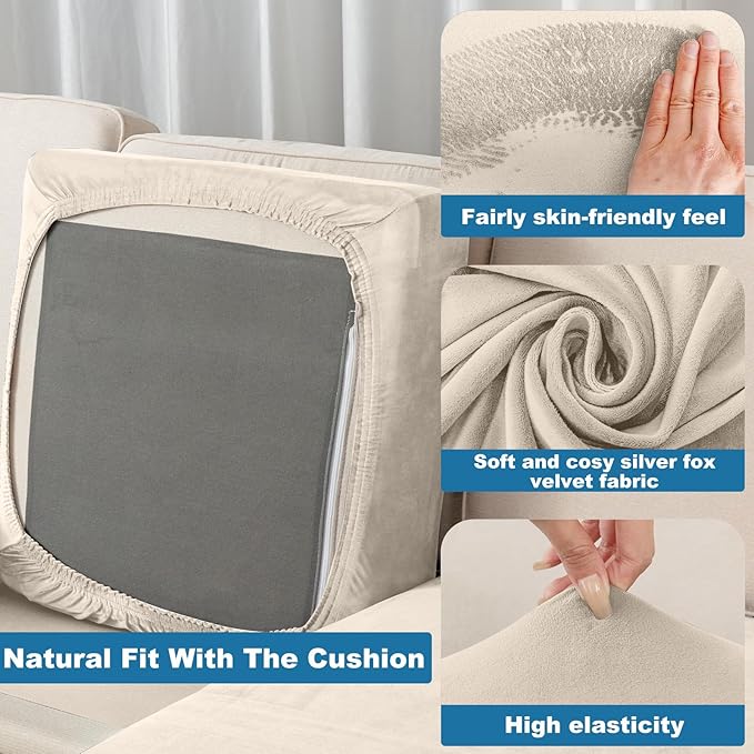 Couch Cover Stretch Velvet Sofa Cushion Cover 2-Piece - Elastic Washable Slipcover for Seat or Backrest, Couch Seat Covers for Sofas (Cream)
