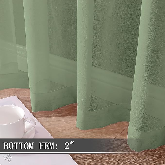 Tollpiz Sheer Curtains Living Room Linen Textured Curtain Sheers Light Filtering Voile Rod Pocket Curtains for Bedroom, 38 x 63 inches Long, Sage Green, Set of 2 Panels