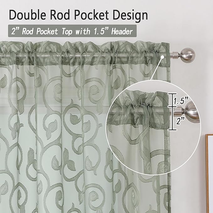 OWENIE Furman Sage Green Sheer Curtains 45 Inch Length 2 Panels Set for Living Room Bedroom Bathroom Window, Airy Jacquard Clip Short Curtains for Small Window, Each 42Wx45L inch