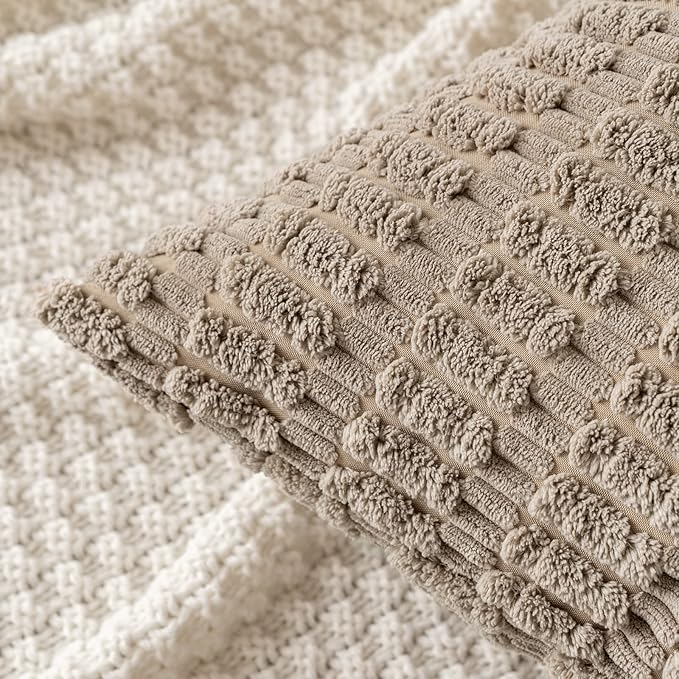 MIULEE Pack of 2 Corduroy Decorative Throw Pillow Covers 12x12 Inch Soft Boho Striped Pillow Covers Modern Farmhouse Home Decor for Sofa Living Room Couch Bed Light Brown