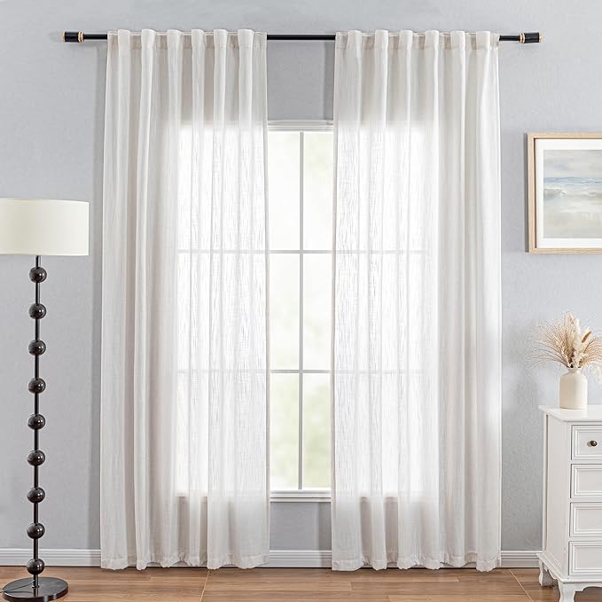 MYSKY HOME Natural Curtains for Living Room, Beige Semi Sheer Curtains & Drapes Light Filtering Farmhouse Country Boho Style Back Tab Draperies for Sliding Glass Door (Customsize, Natural)