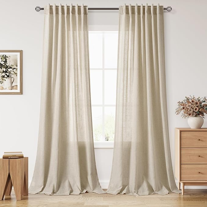 Nanspring Extra Long 120 Inch Curtains for Living Room Eggshell Beige Linen Light Filtering Semi Sheer Curtain Back Tab Rustic Decor Floor to Ceiling High Window for Bedroom Office 52x120, 2 Panels