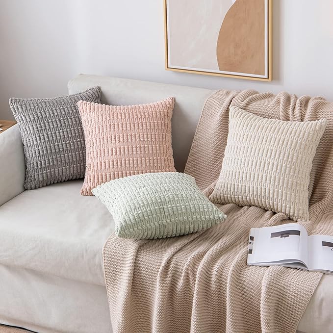 MIULEE Pack of 2 Corduroy Decorative Throw Pillow Covers 12x12 Inch Soft Boho Striped Pillow Covers Modern Farmhouse Home Decor for Sofa Living Room Couch Bed Cream White