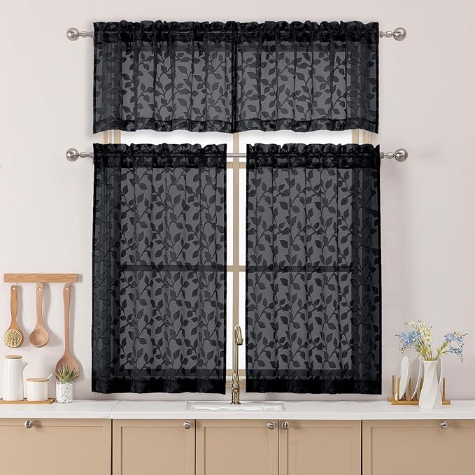Chyhomenyc Black Sheer Valances for Windows 14 Inch Length 2 Pcs, Light Filtering Leaf Textured Cafe Short Kitchen Curtains, Top Small Curtain for Living Room Bedroom Basement, 42" W x 14" L