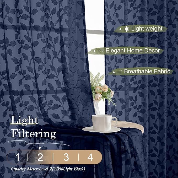 Chyhomenyc Navy Blue Sheer Curtains 96 Inch Length 2 Panels Set, Light Filtering Tufted Textured Soft Airy Rod Pocket Gentle Leaf Window Treatment Drapes for Bedroom Living Room, 52" Wx96 L, 2PCS