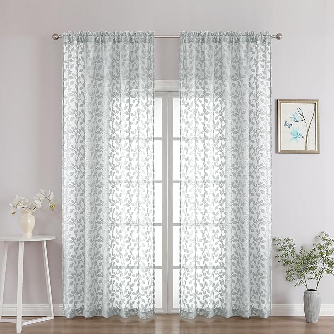 Chyhomenyc Light Grey Sheer Curtains 90 Inch Length 2 Panels Set, Light Filtering Tufted Textured Soft Airy Rod Pocket Gentle Leaf Window Treatment Drapes for Bedroom Living Room, 52" Wx90 L, 2PCS
