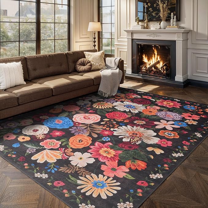 Black/Brown Living Room Rugs, Area Rugs 5x8 Rug for Bedroom Ultra-Thin Soft, Non-Slip Washable Rugs Stain Resistant Boho Rug Low-Pile Throw Rug for ‎Dining Room Office (5 x 8, Black/Brown)