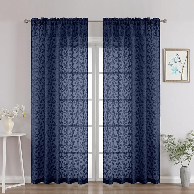 Chyhomenyc Navy Blue Sheer Curtains 84 Inch Length 2 Panels Set, Light Filtering Tufted Textured Soft Airy Rod Pocket Gentle Leaf Window Treatment Drapes for Bedroom Living Room, 52" Wx84 L, 2PCS
