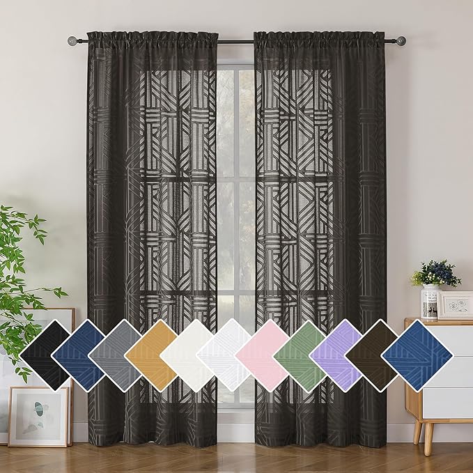 Simplebrand Chocolate Semi Sheer Curtains 84 Inches Long 2 Panels, Light Filtering Geometric Jacquard Clip Textured Sheer Curtains for Bedroom，Modern Elegant Window Curtains Drapes，42x84 inch