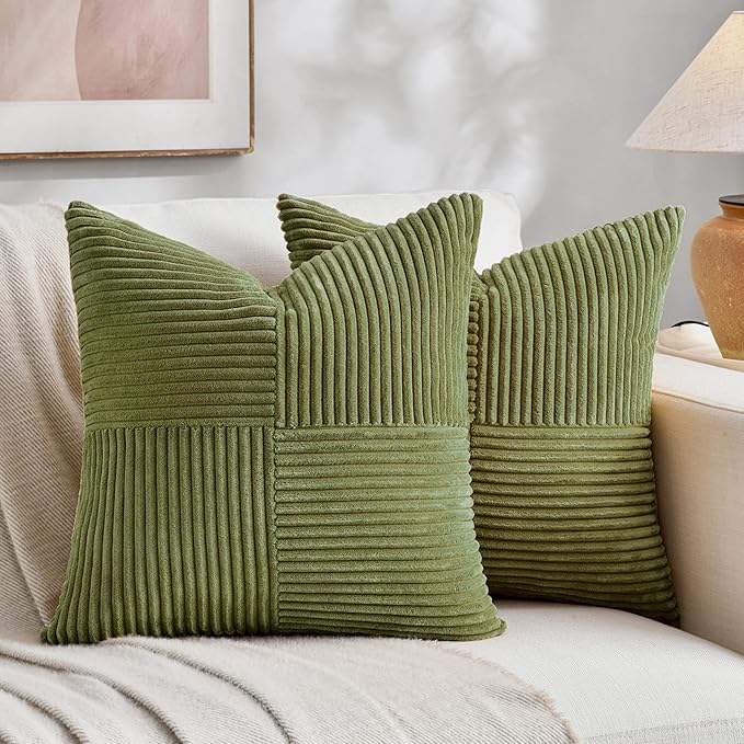 Fancy Homi 2 Packs Moss Green Decorative Throw Pillow Covers 18x18 Inch for Living Room Couch Bed Sofa, Farmhouse Boho Home Decor, Soft Corss Corduroy Patchwork Textured Square Cushion Case 45x45 cm