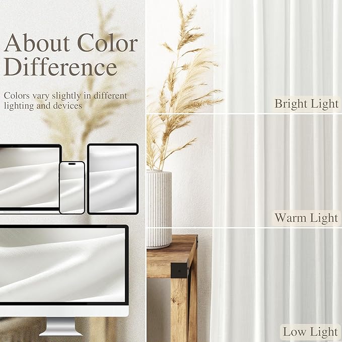 Off White Linen Sheer Curtains 102 Inches 2 Panels Set Back Tab Rod Pocket Extra Long Semi Sheer Light Filter Vintage Curtain Drapes Room Decor Aesthetic Curtains for Living Room High Window 40x102