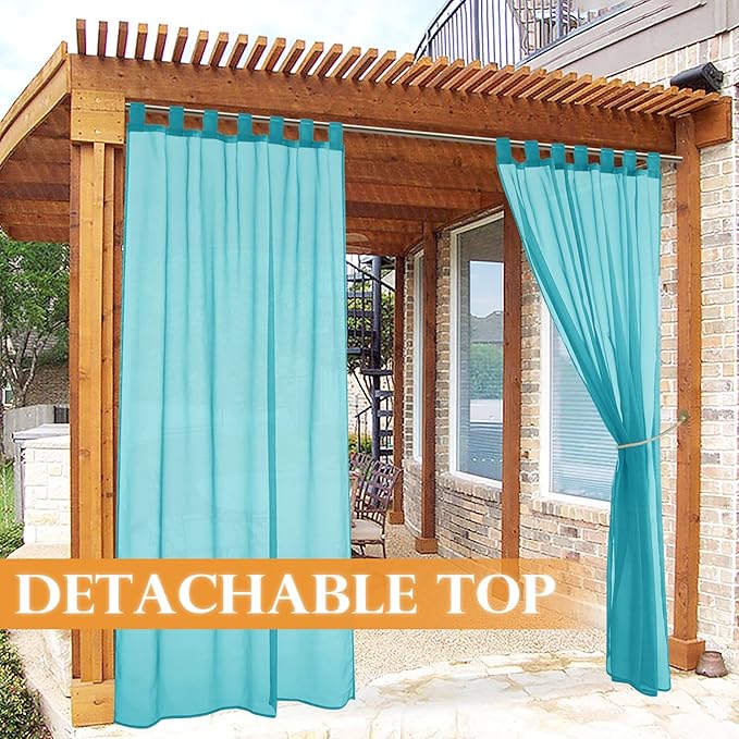 RYB HOME Sheer Outdoor Curtains - Detachable Top Waterproof Linen Look Voile Drape Easy Hanging Window Curtain for Patio Lanai Hut Canvas, 1 Rope Included, 54 Inch Wide by 96 Inch Long, Teal, 1 Panel