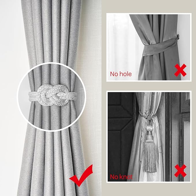 NICEEC 2 Pack Mini Magnetic Curtain Tiebacks Nordic Simple Style Drape Tie Backs Elegant Hand Weave Rope Knot Decorative Curtain Holdbacks for Home & Office Thin Window Drapery (White)