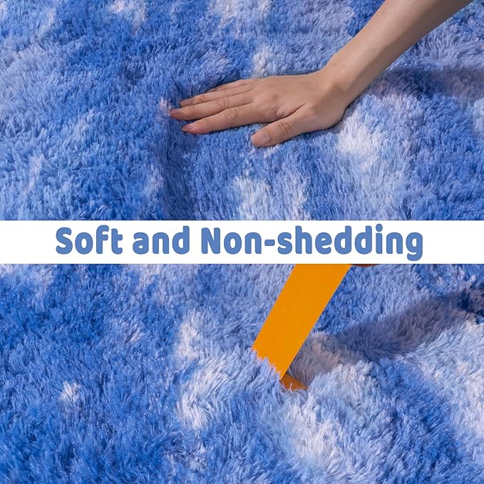 Soft Runner Rugs for Bedroom Hallways, 2x4 Abstract Blue White Fluffy Shag Throw Area Rug Non Slip for Bedside Dorm, Long Shaggy Furry Carpet for Nursery Living Room