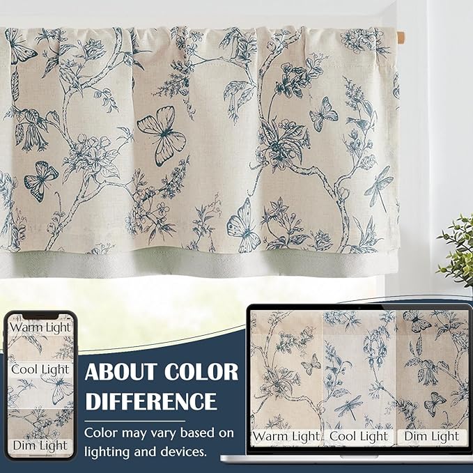 jinchan Floral Curtain Valance for Windows 16 Inch Linen Valance for Kitchen Living Room Rustic Cottage Farmhouse Flower Butterfly Curtain Rod Pocket 1 Panel Double Layer Blackout Blue on Beige