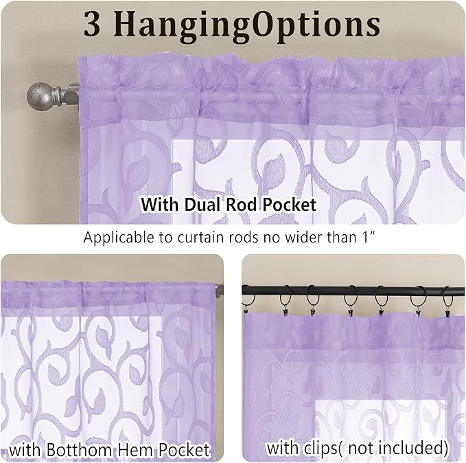OWENIE Furman Sheer Curtains 45 inch Length for Living Room Bedroom 2 Panels Set, Airy Solid Color Small Window Curtains with Geometric Jacquard Clip Voile Grey Curtains, Dual Rod Pocket, 28Wx45L inch