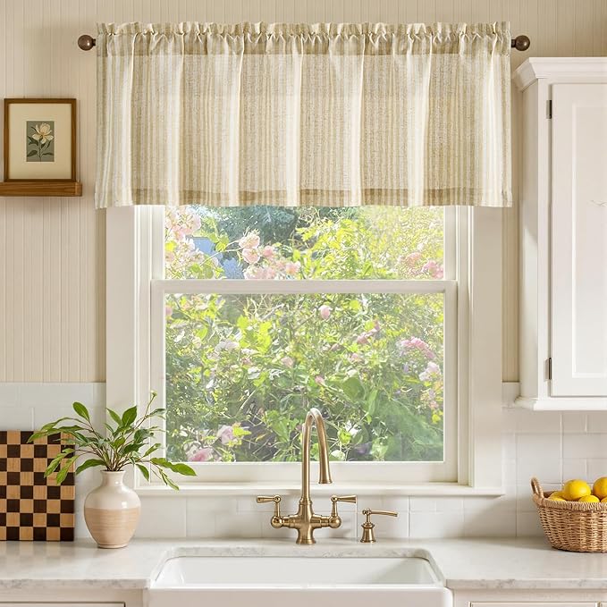 jinchan Valance Curtain Linen Textured Striped Window Curtain for Living Room Light Filtering Farmhouse Valance for Kitchen Rod Pocket 1 Panel 16 Inch Beige on Linen 1 Panel