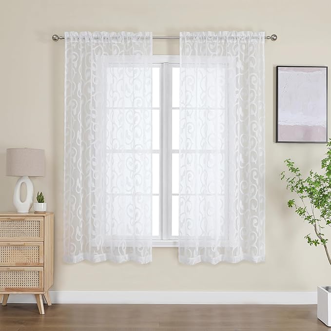 OWENIE Furman Sheer Curtains 63 inch Length for Bedroom Living Room 2 Panels Set, Jacquard Clip Textured Semi Sheer White Curtains, Light Filtering Rod Pocket Farmhouse Window Treatments, 40Wx63L inch