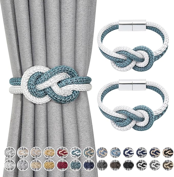 NICEEC 2 Pack Mini Magnetic Curtain Tiebacks Nordic Simple Style Drape Tie Backs Elegant Hand Weave Rope Knot Decorative Curtain Holdbacks for Home & Office Thin Window Drapery (Teal & White)