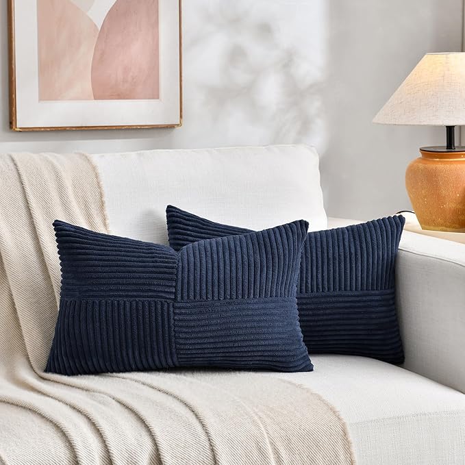 Fancy Homi 2 Packs Navy Blue Lumbar Decorative Throw Pillow Covers 20x28 Inch for Living Room Couch, Rustic Farmhouse Boho Home Decor, Soft Striped Corduroy Rectangle Accent Cushion Case 50x70 cm