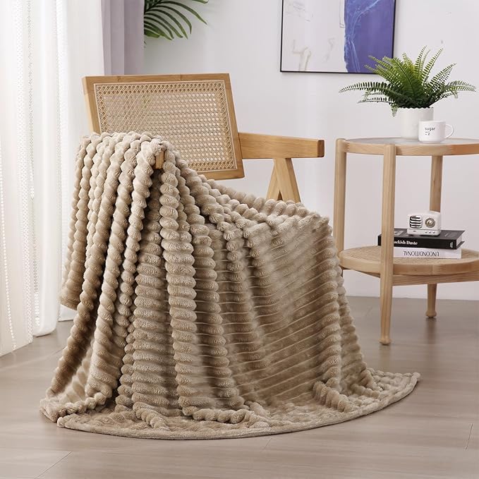 Tan Fleece Throw Blanket 90”×90” for Couch Sofa Bed,Super Soft Cozy Plush Microfiber Flannel Blanket with Stripes Design Lightweight for Adults,Woman,Girls