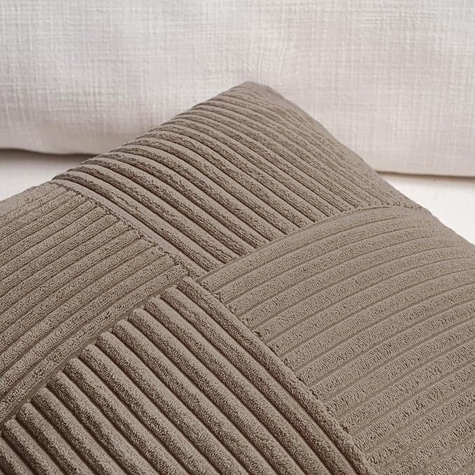 Fancy Homi Set of 2, Light Brown Patchwork Corduroy Decorative Soft Striped Modern Accent Cushion Case Farmhouse Boho Neutral Throw Pillow Covers for Chair Couch Bed Sofa Living Room 16x16 Inch