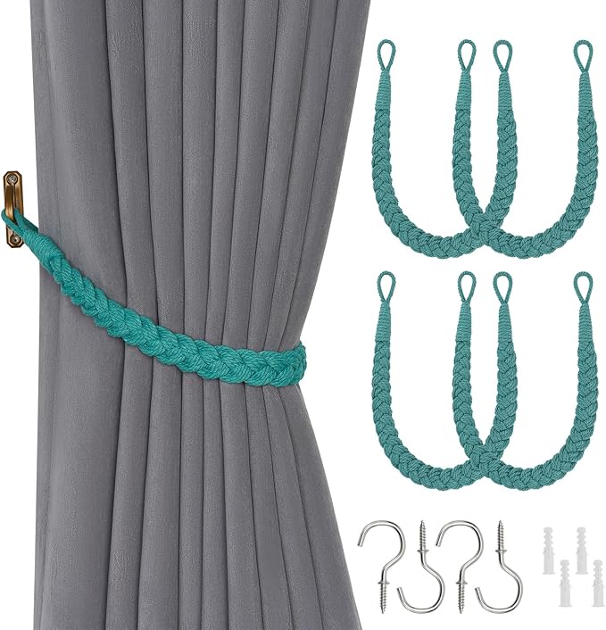 NICEEC 4 Pack Natural Cotton Rope Curtain Tiebacks Elegant Boho Style Decorative Drape Tie Backs Soft Hand-Woven Rope Curtain Holdbacks with Metal Hook for Home & Office Drapery (Teal)