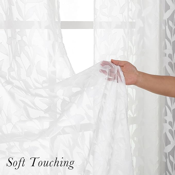 Lecloud Leia White Sheer Curtains 90 Inches Long 2 Panels, Breathable Jacquard Textured Windows Curtains for Bedroom Living Room, Farmhouse Leaves Voile Drapes Dual Rod Pocket, 38 W x 90 L