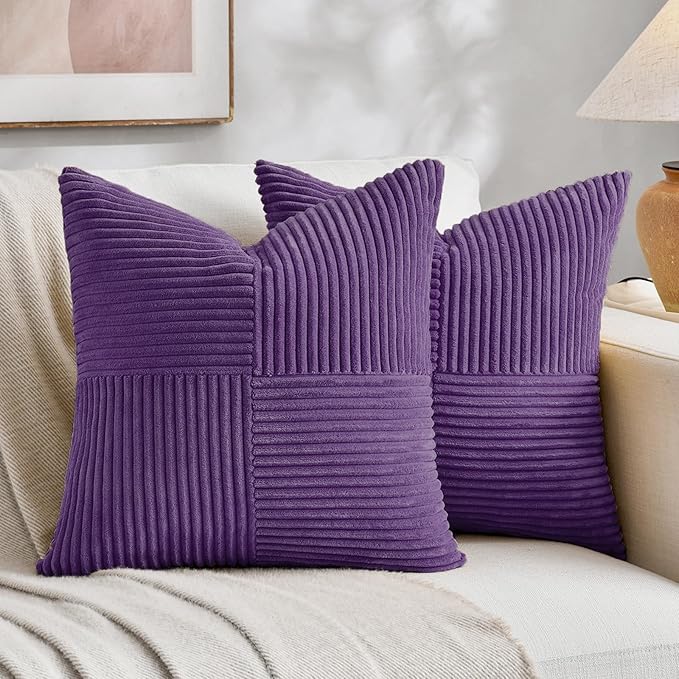 Fancy Homi 2 Packs Purple Euro Decorative Throw Pillow Covers 26x26 Inch for Living Room Couch Bed, Farmhouse Boho Home Decor, Soft Corss Corduroy Patchwork Textured Square Cushion Case 66x66 cm