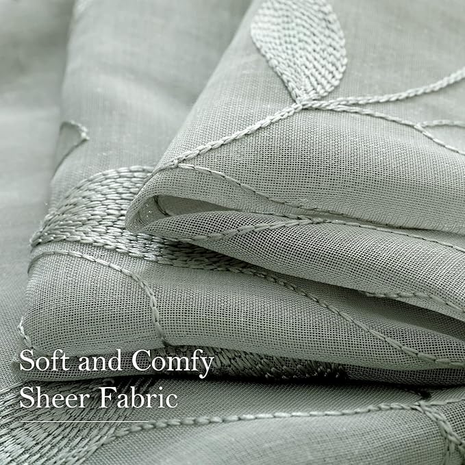 HOMEIDEAS Sage Green Sheer Curtains 52 X 63 Inches Length 2 Panels Embroidered Leaf Pattern Pocket Faux Linen Floral Semi Sheer Voile Window Curtains/Drapes for Bedroom Living Room