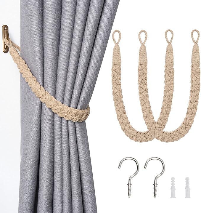 NICEEC 2 Pack Natural Cotton Rope Curtain Tiebacks Elegant Boho Style Decorative Drape Tie Backs Soft Hand-Woven Rope Curtain Holdbacks with Metal Hook for Home & Office Drapery (Dark Beige)