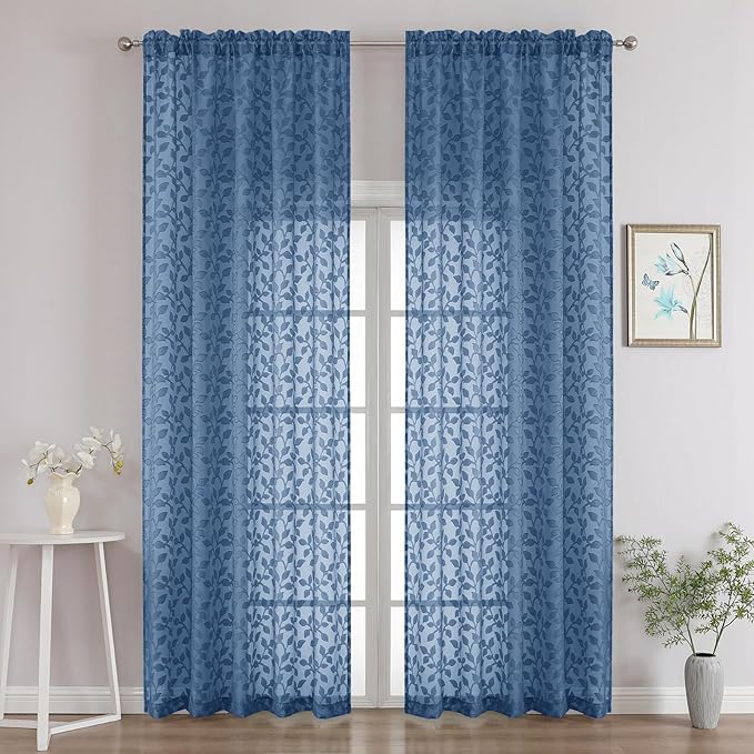 Chyhomenyc Dusty Blue Sheer Curtains 96 Inch Length 2 Panels Set, Light Filtering Tufted Textured Soft Airy Rod Pocket Gentle Leaf Window Treatment Drapes for Bedroom Living Room, 52" Wx96 L, 2PCS