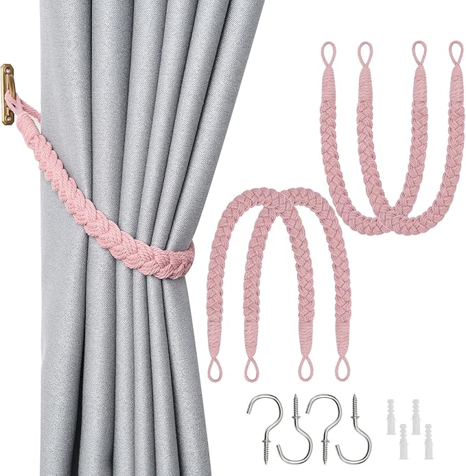 NICEEC 4 Pack Natural Cotton Rope Curtain Tiebacks Elegant Boho Style Decorative Drape Tie Backs Soft Hand-Woven Rope Curtain Holdbacks with Metal Hook for Home & Office Drapery (Pink)